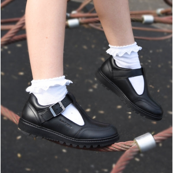 Hush Puppies KERRY Girls Leather T-Bar School Shoes Black