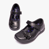 JESSICA Girls Leather Floral Trim Shoes Black