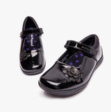 JESSICA Girls Leather Floral Trim Shoes Black Patent